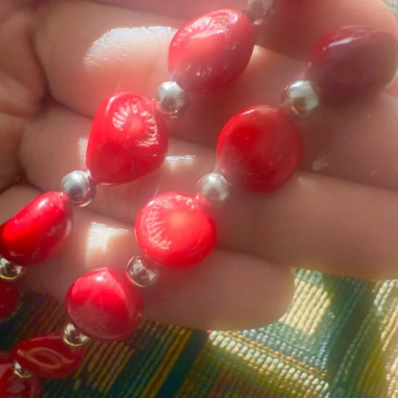 Vintage Textured Red Coral  Colored Glass Beaded Necklace w/ Silver Detail, 18” - Picture 7 of 7